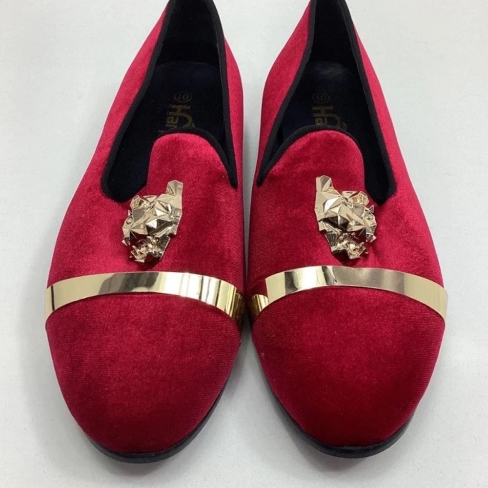 Red Velvet Loafers with Gold toned tiger Details